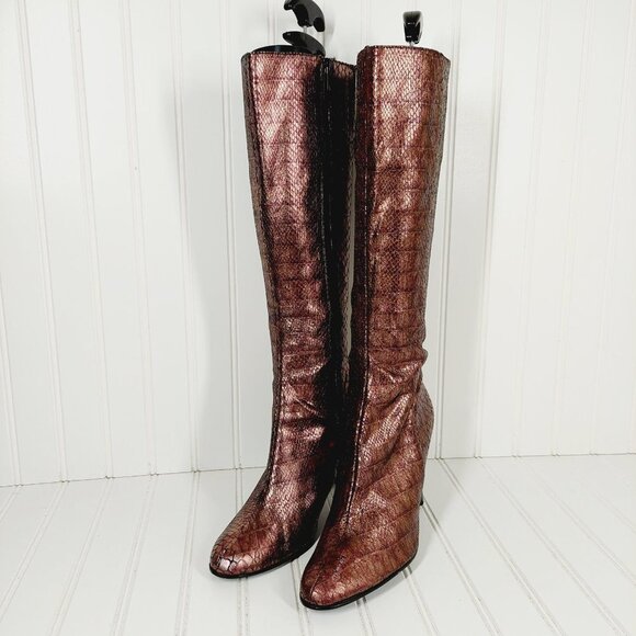 Parallel Brown Metallic Reptilian Print Side Zip Elastic Calf Heeled Boots H476 - Picture 2 of 13